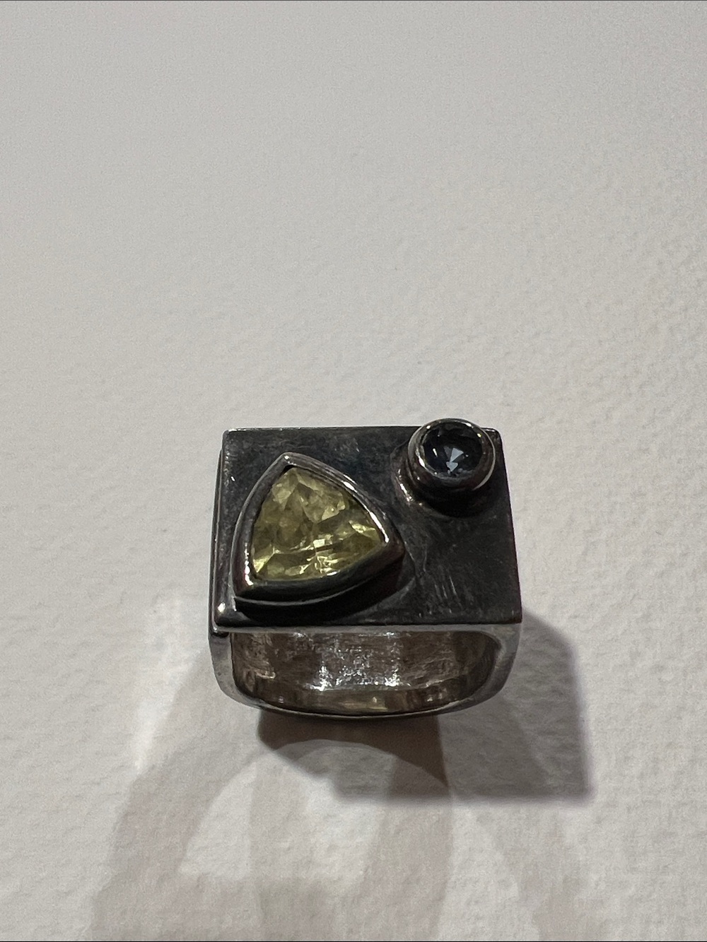 Handmade Modernist Sterling Silver Ring with Yellow and Blue Gemstones